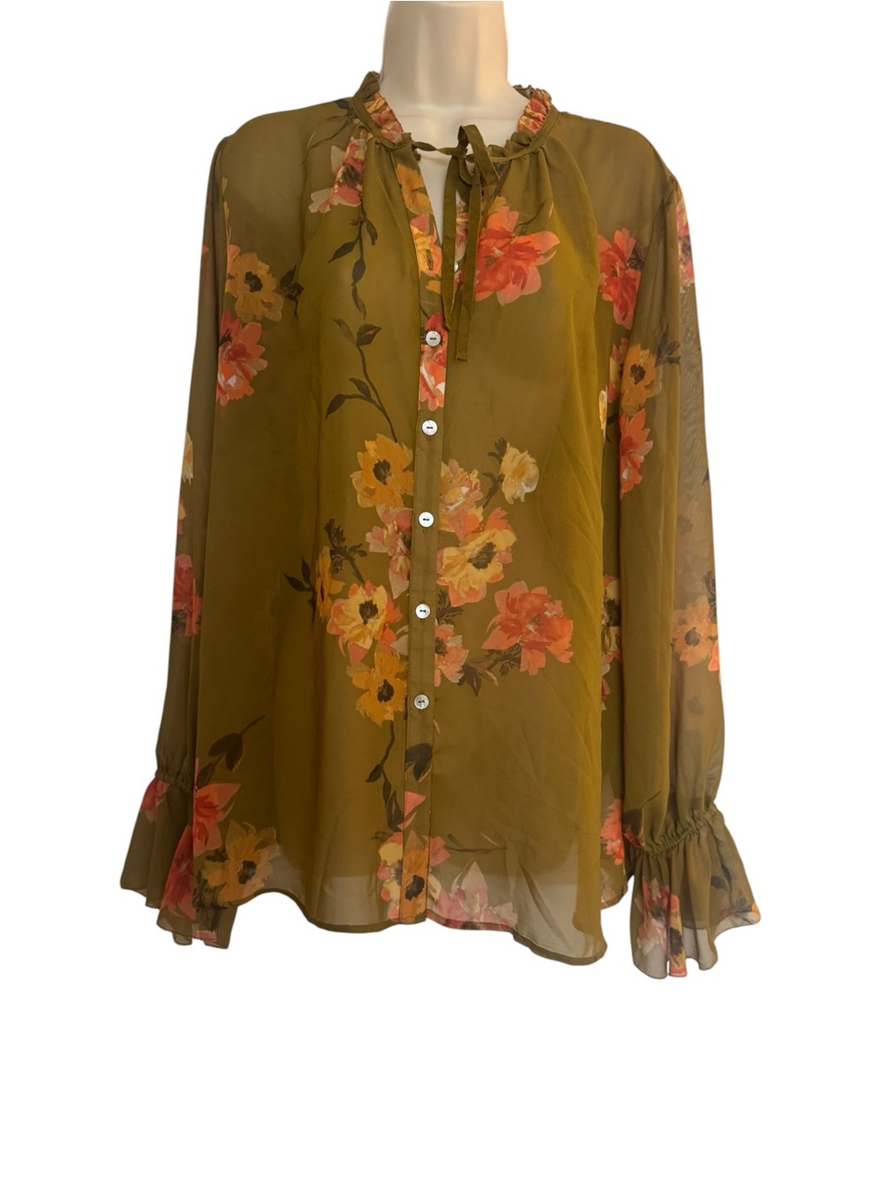 Susan Graver Olive Green Floral Tie-Neck Chiffon Blouse Sz 14